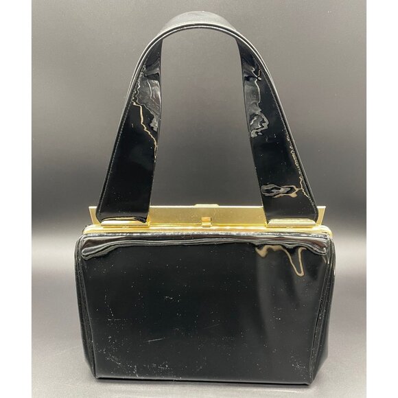 Vintage Black Patent Leather Handbag Gold Tone Memphis Cotton Carnival 1965 Card - Picture 3 of 10
